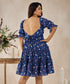Tiered Back Tie Blue Printed Dress