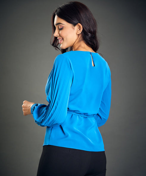 Sleeve Pleated Waist Tie Blue Top