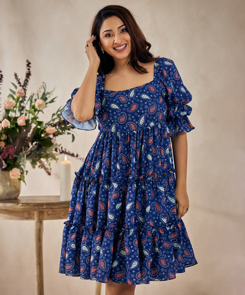 Tiered Back Tie Blue Printed Dress