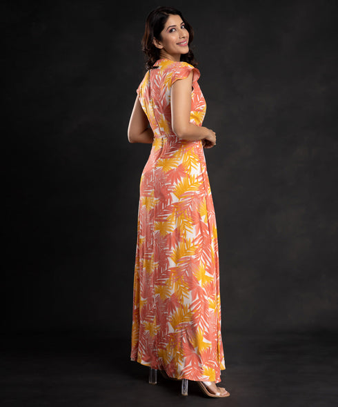 Colorful Leaves Printed Front Slit Maxi