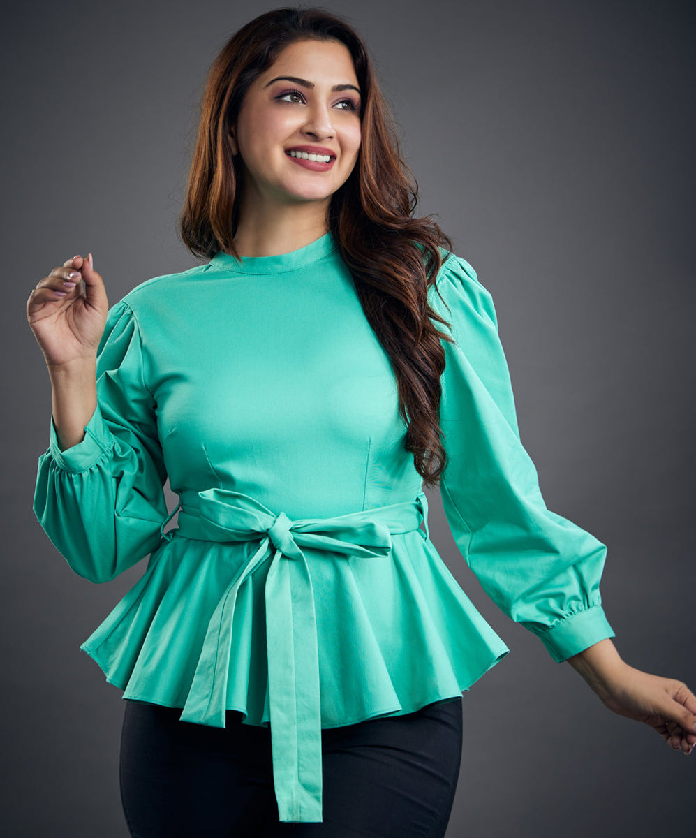 Light Green Detailed Peplum Top Global Zigzag 