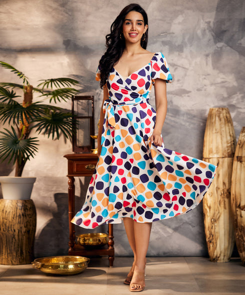 Floral Painting Wrap White Dress