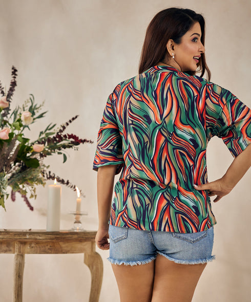 Loose Fitted Green Printed Vneck Top