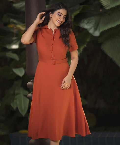 Orange Lapel Detailed Front Buttoned Dress