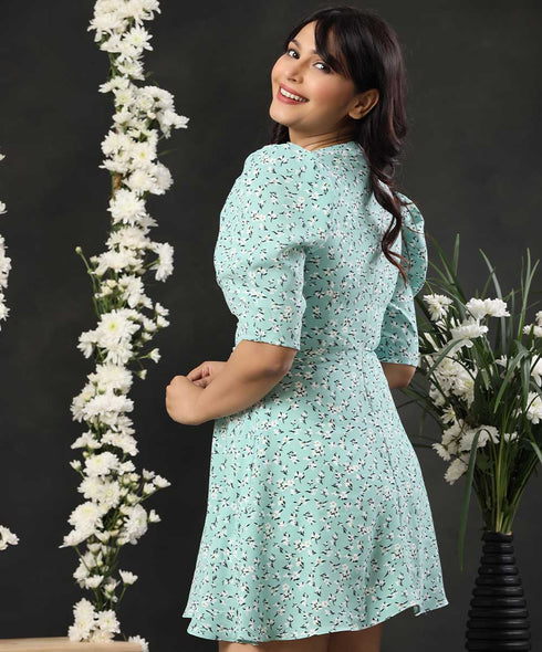Puff Sleeve Vneck Floral Print Dress