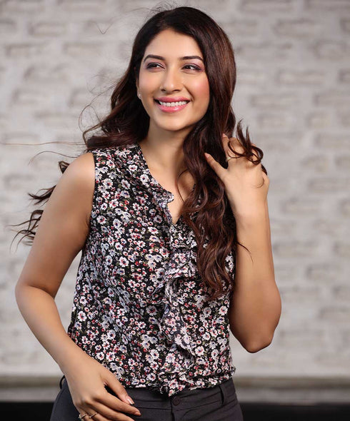 Vneck Frilled Sleeveless Chiffon Black Top