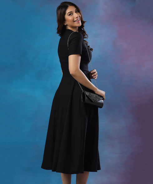 High Neck Short Sleeve Black Dress