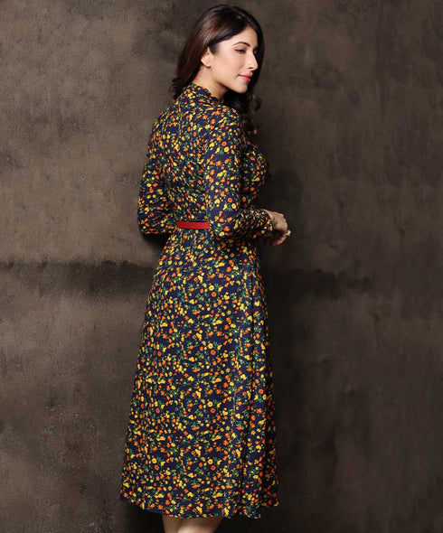 Long Sleeve Printed Midi Chiffon Dress