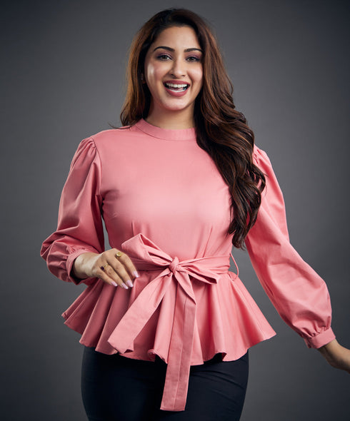Pink Detailed Peplum Top