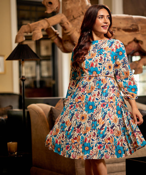 Pleated Long Sleeve Floral Neck Dress