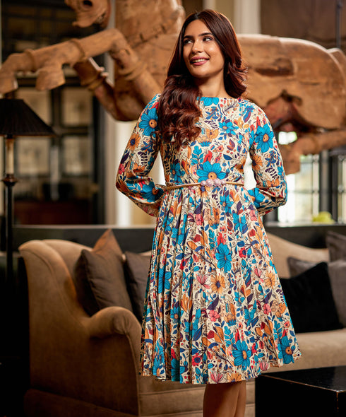 Pleated Long Sleeve Floral Neck Dress