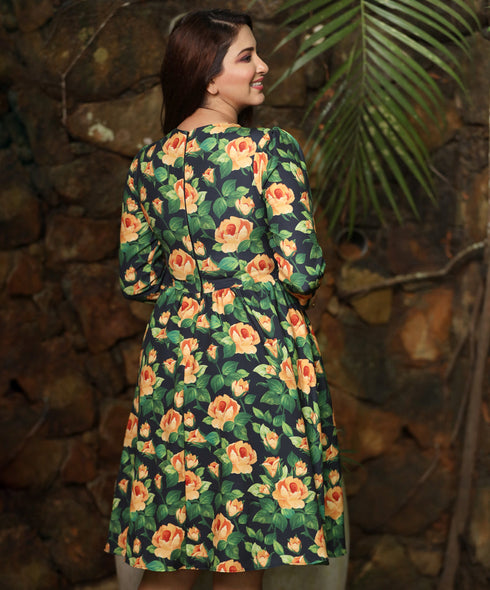 Orange Rose Gathered Skirt Dress