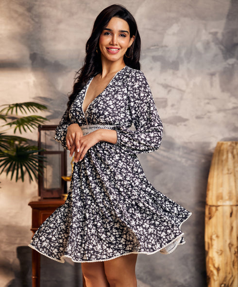 Lantern Sleeve Lace Trim Floral Dress