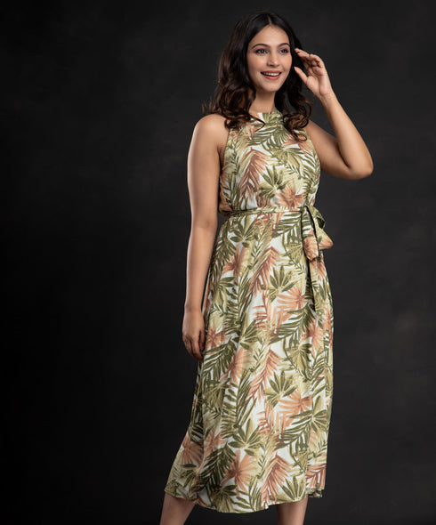 Beige Green Halter Neck Printed Dress