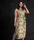 Beige Green Halter Neck Printed Dress