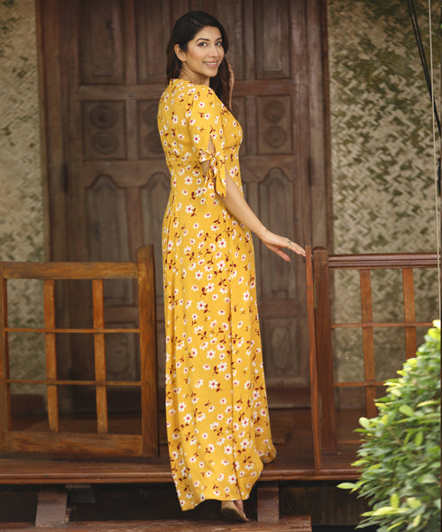 Vneck Sleeve Tie Printed Maxi Dress