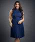 Sleeveless High Neck Pleated Blue Dress