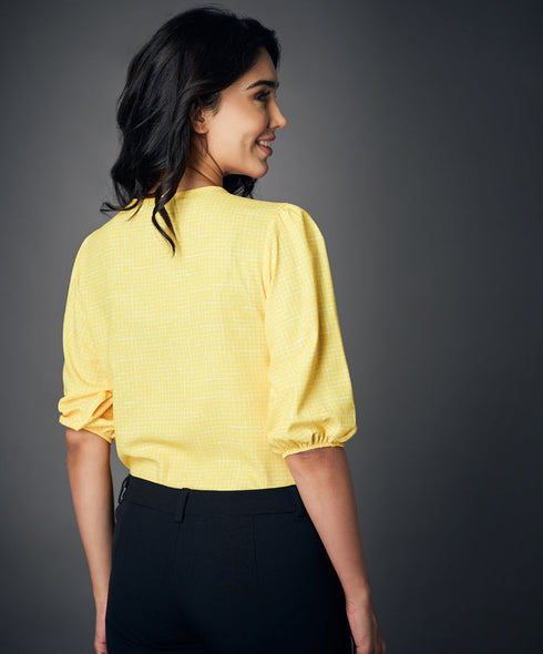 Round Neck Lantern Sleeve Yellow Blouse