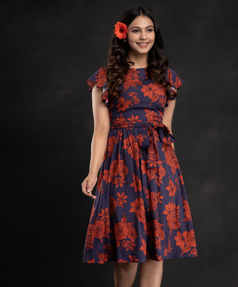 Blue Red Floral Sleeve Frilled Dress