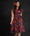 Blue Red Floral Sleeve Frilled Dress
