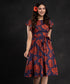 Blue Red Floral Sleeve Frilled Dress
