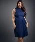 Sleeveless High Neck Pleated Blue Dress