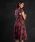 Blue Red Floral Sleeve Frilled Dress