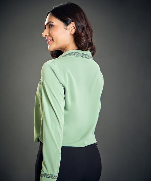 Embroidered Collar And Sleeve Green Top