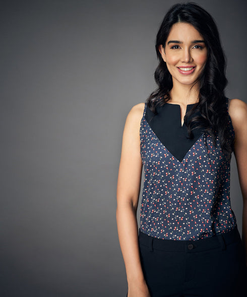 Notched Neckline Contrast Panel Black Blouse