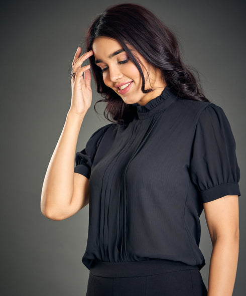 Front Pintuck Short Sleeve Black Top