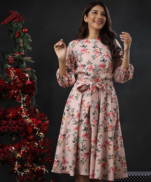 Balloon Sleeve Printed Pink Midi Dress