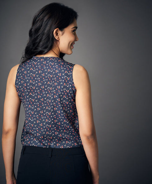 Notched Neckline Contrast Panel Black Blouse