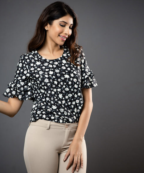 Black Printed Double Mini Frilled Top