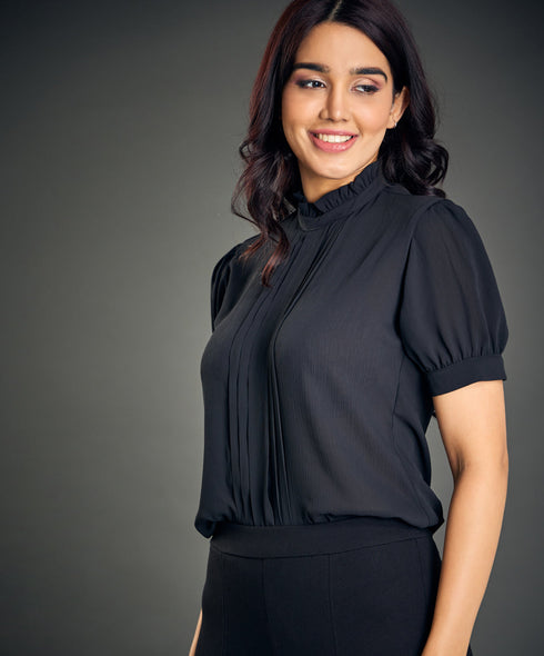 Front Pintuck Short Sleeve Black Top