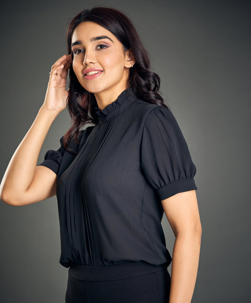 Front Pintuck Short Sleeve Black Top