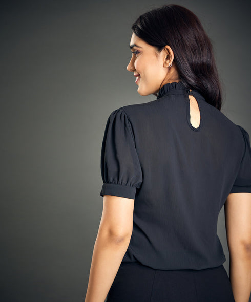 Front Pintuck Short Sleeve Black Top