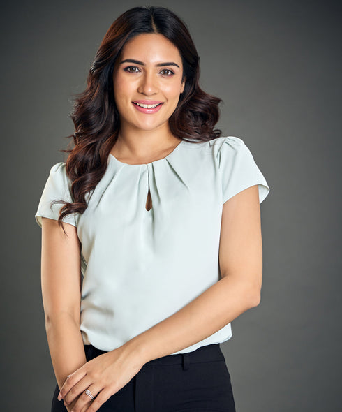 Neck Sharp Pleated Chiffon Mint Top