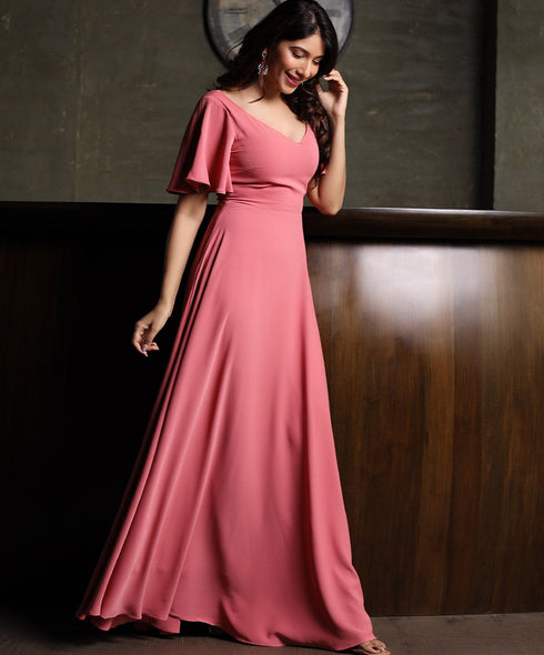 Pink Sleeve Flared Chiffon Princess Maxi