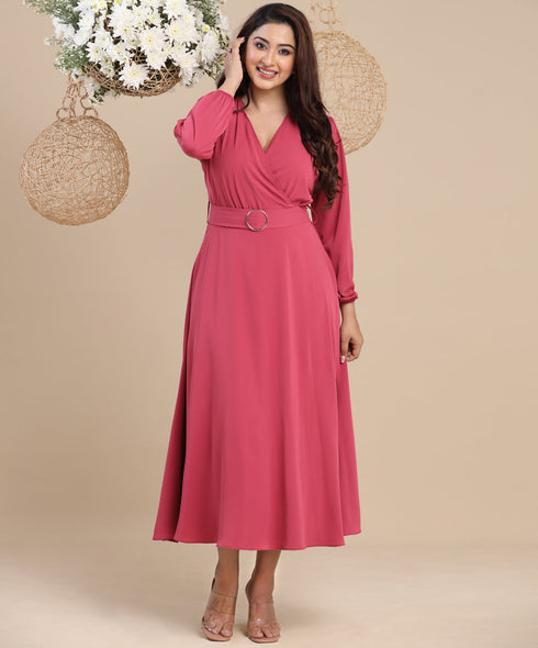 Surplice Neck Lantern Sleeve Belted Dress