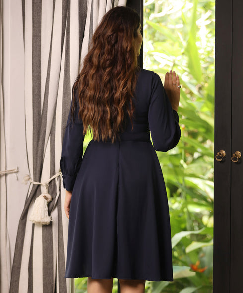 Long Sleeve Gathered Navy Dress