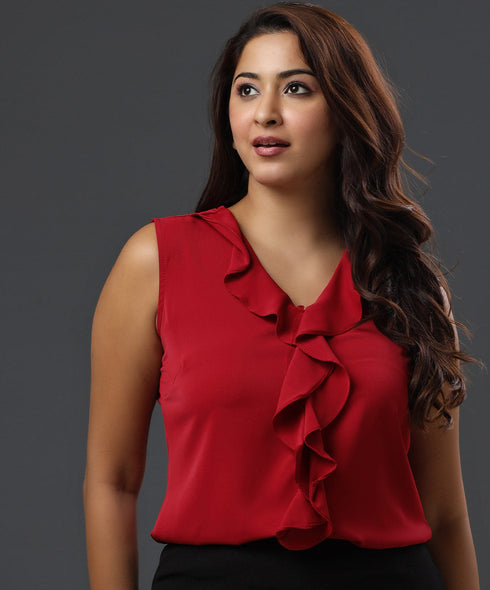 Vneck Frilled Chiffon Sleeveless Red Top