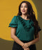 Frilled Vneck Solid Green Chiffon Top