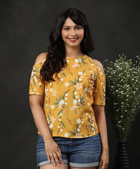 Floral Cold Shoulder Keyhole Back Blouse