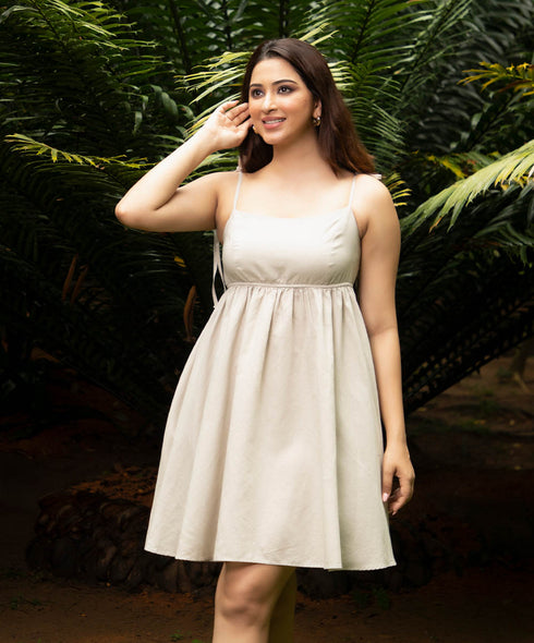 Beige Mini Empire Line Linen Dress