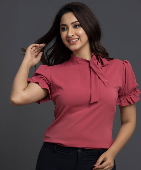 Tie neck Ruffle Cuff Solid Top-Pink