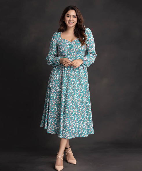 Green Printed Gathered Bustier Dress