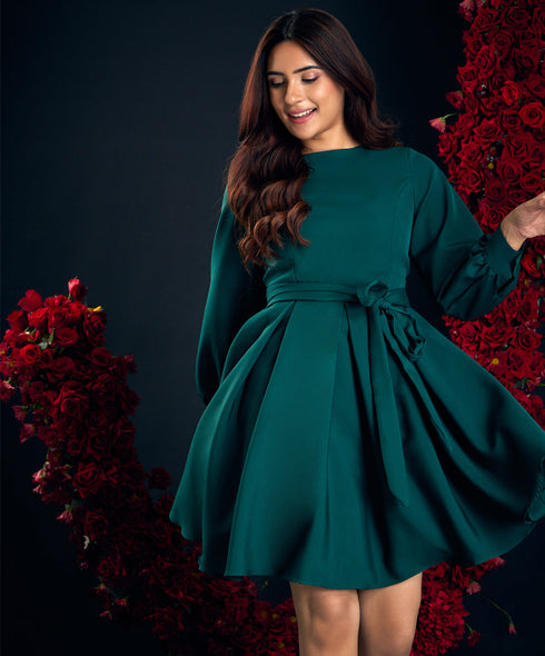 Back Vcut Skater Green Dress