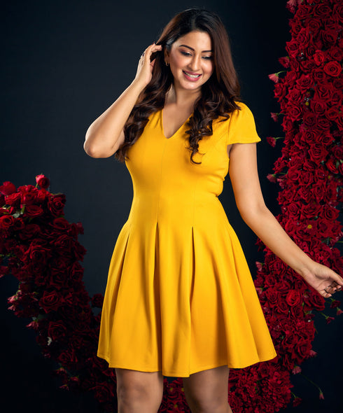 Pleated Vneck Ponte Yellow Dress