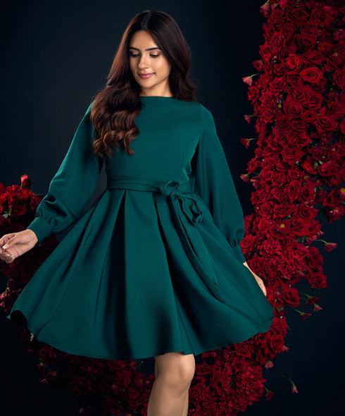 Back Vcut Skater Green Dress