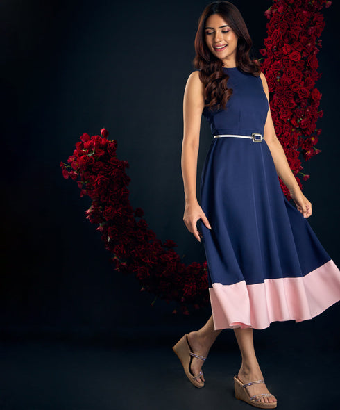 Blue And Pink Contarst Midi Dress